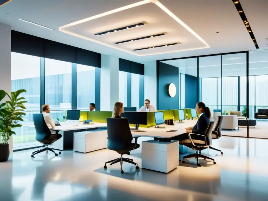 Oficina de Consultores Fiscales Expertos en Acción Consultores fiscales internacionales colaborando en una moderna oficina con tecnología de vanguardia y documentos financieros
