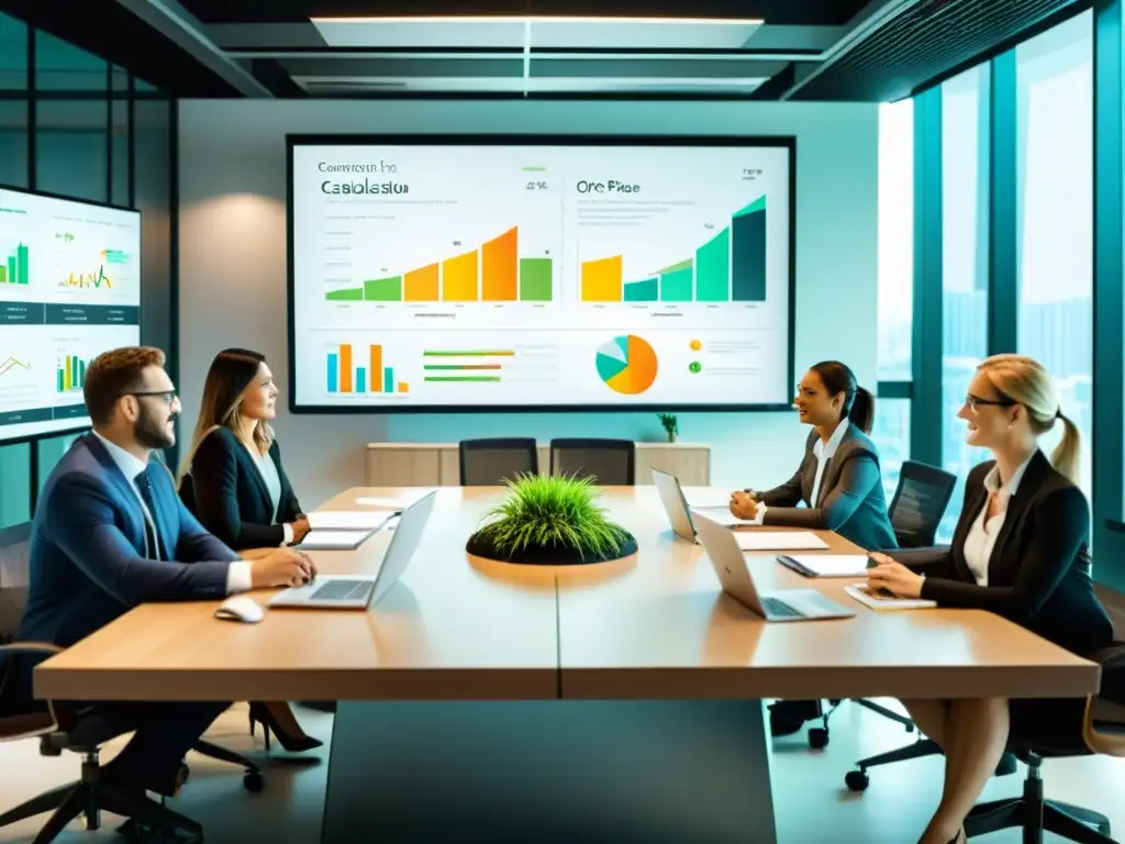 Consultores financieros maximizando ahorros fiscales Consultores fiscales trabajando juntos en una oficina moderna, rodeados de gráficos y pantallas mostrando cálculos de ahorro de impuestos