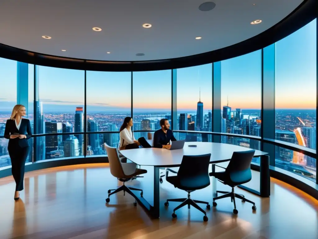 Oficina moderna con vista panorámica y tecnología avanzada Consultoría fiscal normativa internacional en oficina moderna con vista panorámica a la ciudad y equipo de alta tecnología