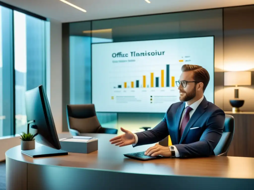 Consultor fiscal experto brinda asesoría en una oficina moderna Consultoría fiscal para minimizar riesgos: Consultor fiscal en oficina moderna asesora a cliente con confianza, ambiente cálido y profesional