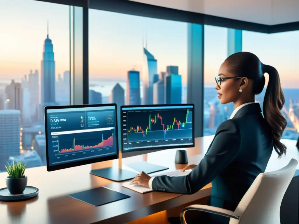 Consultor financiero moderno en videoconferencia Consultoría fiscal para minimizar riesgos en un entorno profesional y tecnológico con vista a la ciudad