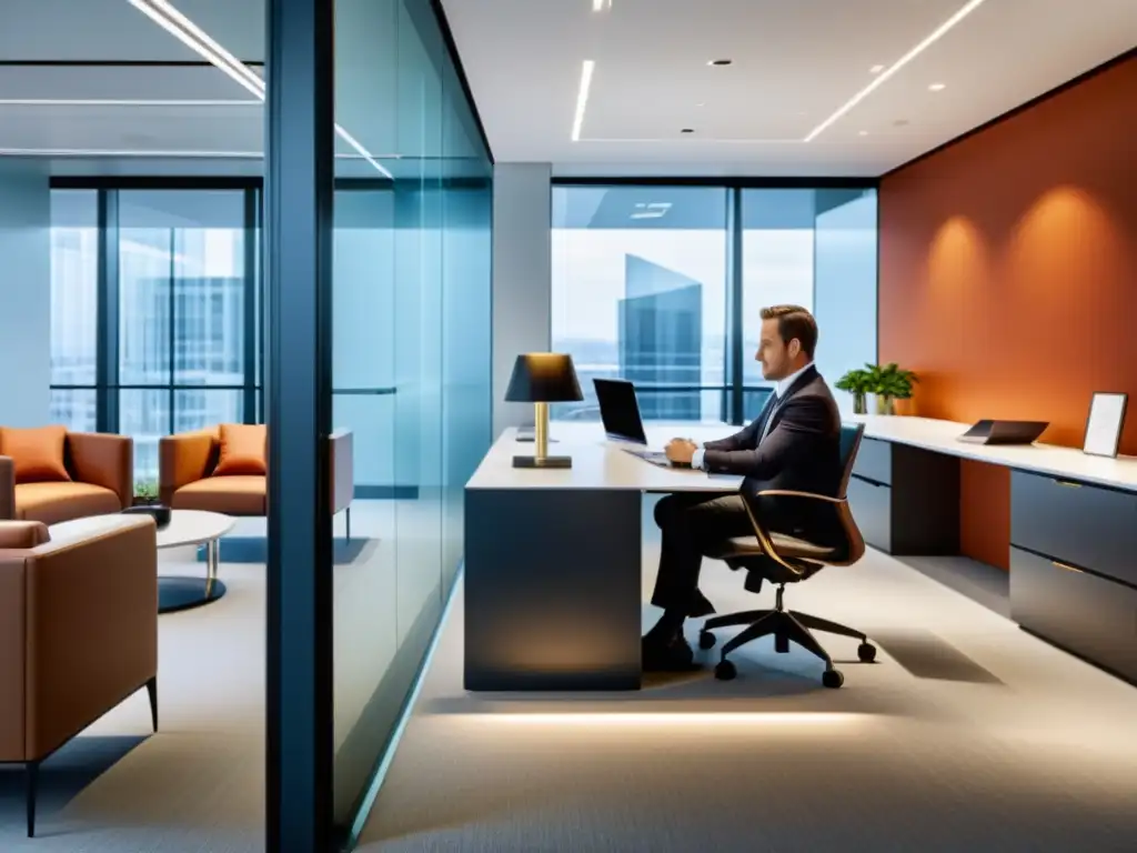 Consultor financiero experto en oficina moderna Consultoría fiscal para minimizar riesgos: Imagen de oficina moderna y elegante, consultor revisa documentos financieros, cliente atento y confiado