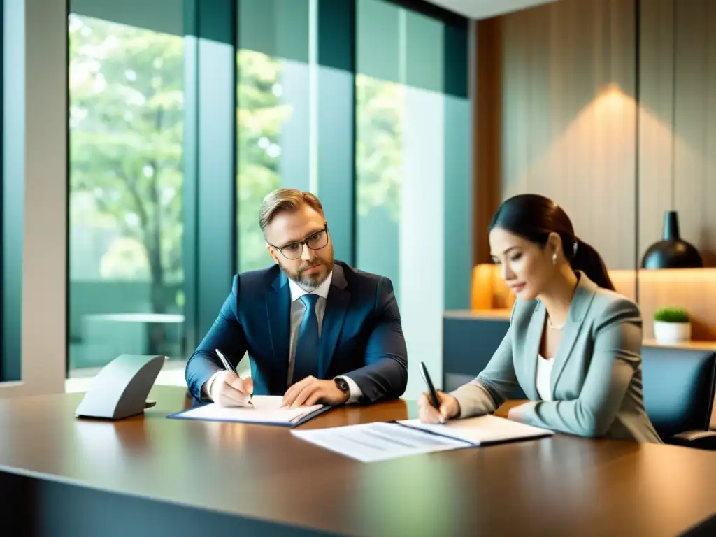 Consulta fiscal profesional: confianza y expertise en una oficina moderna Consultoría fiscal para minimizar riesgos: Profesional en oficina moderna, asesorando a cliente con confianza y expertise