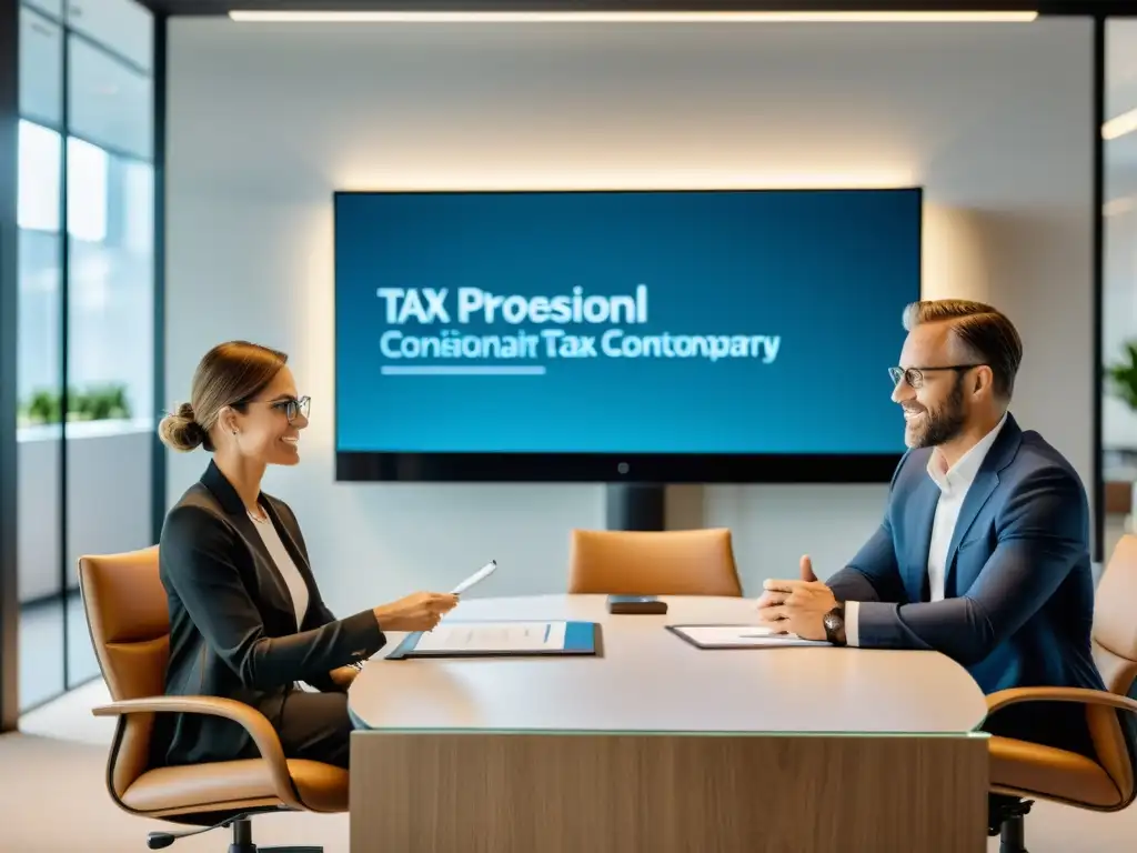 Consultor fiscal y cliente en moderna oficina de 8k Consultoría fiscal para planificación sucesoria en una oficina moderna con asesor y cliente discutiendo estrategias fiscales y hereditarias