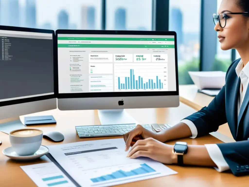 Contador profesional concentrado en software de gestión fiscal Contador concentrado usando software de gestión tributaria para contadores en oficina ordenada y eficiente con documentos financieros apilados y café