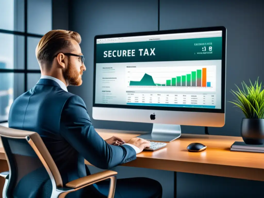 Software de gestión fiscal seguro en una oficina moderna Un contador confiado revisa el mejor software gestión tributaria confidencialidad en una oficina moderna y profesional