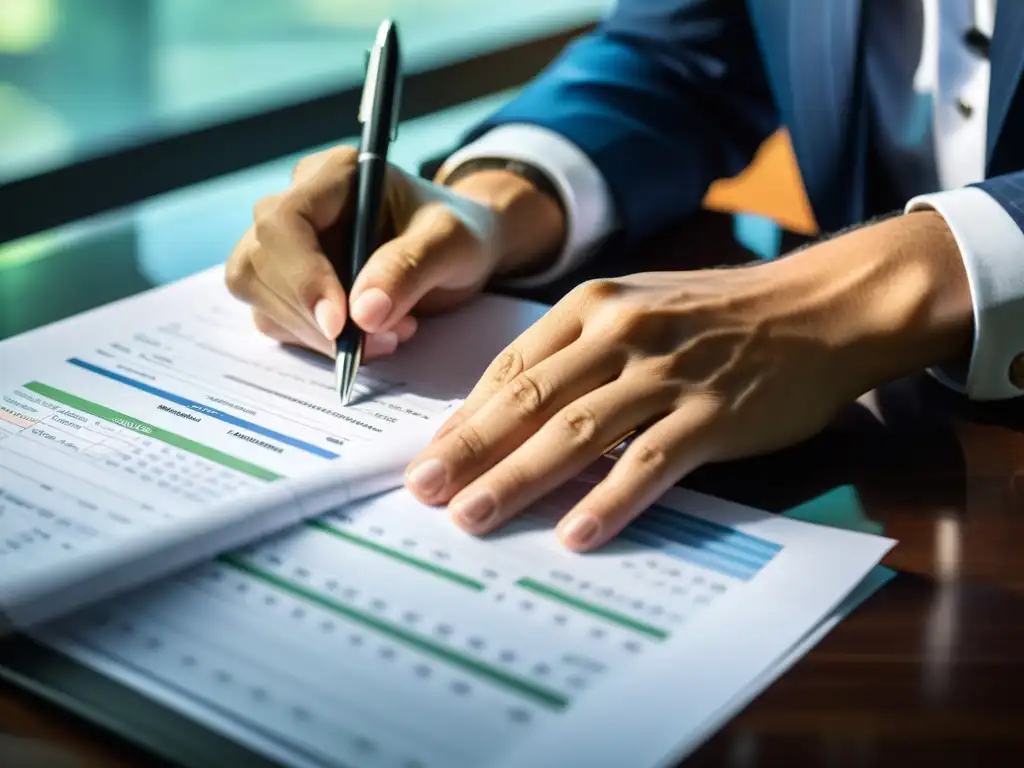 Contabilidad precisa: manos expertas en acción Un contador profesional centra su atención en los registros contables para emprendedores, con precisión y dedicación, bañado en cálida luz natural