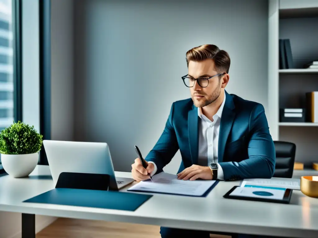Contador fiscal concentrado en moderna oficina Un contador profesional concentradamente revisando software de gestión tributaria para contadores en una oficina contemporánea y minimalista