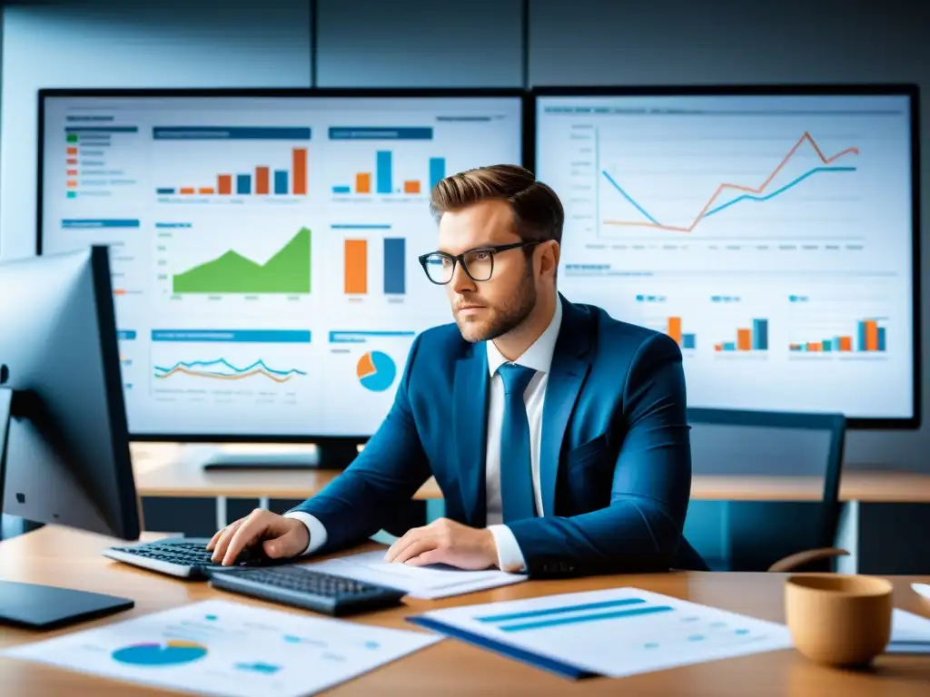 Experto contador gestionando el impacto de Brexit en software de impuestos Un contador profesional concentrado en su computadora, rodeado de gráficos y reportes financieros en una oficina contemporánea