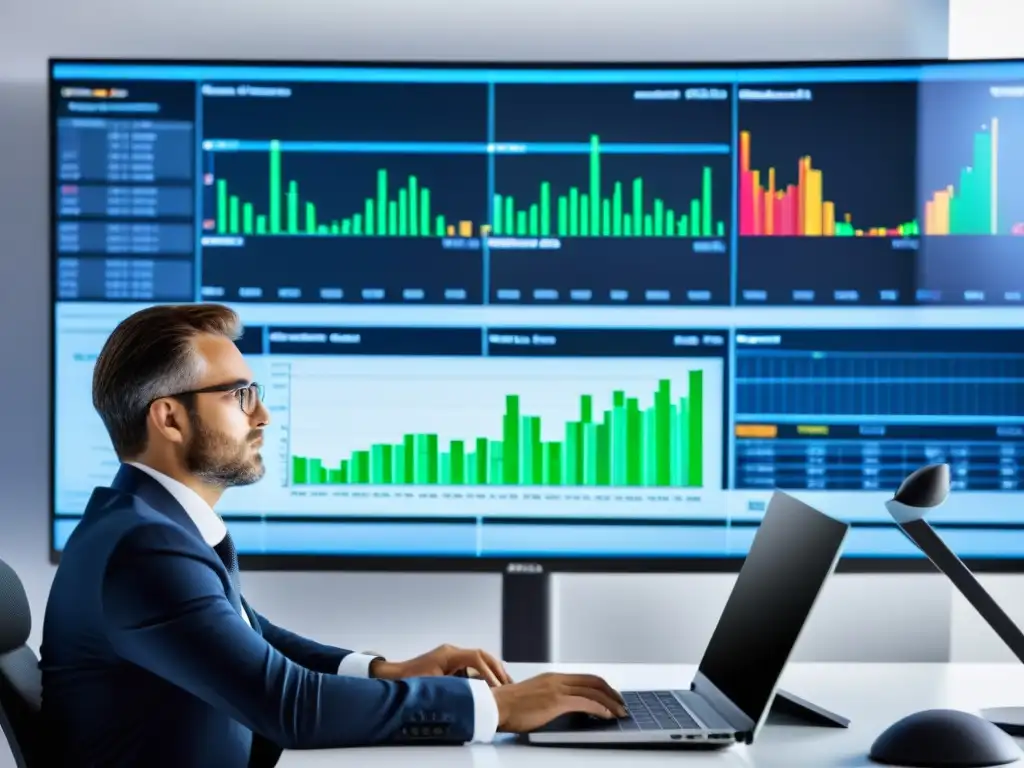 Contador analizando datos fiscales con tecnología de vanguardia Un contador profesional analiza datos financieros en software de gestión tributaria para contadores en un entorno contemporáneo de alta tecnología