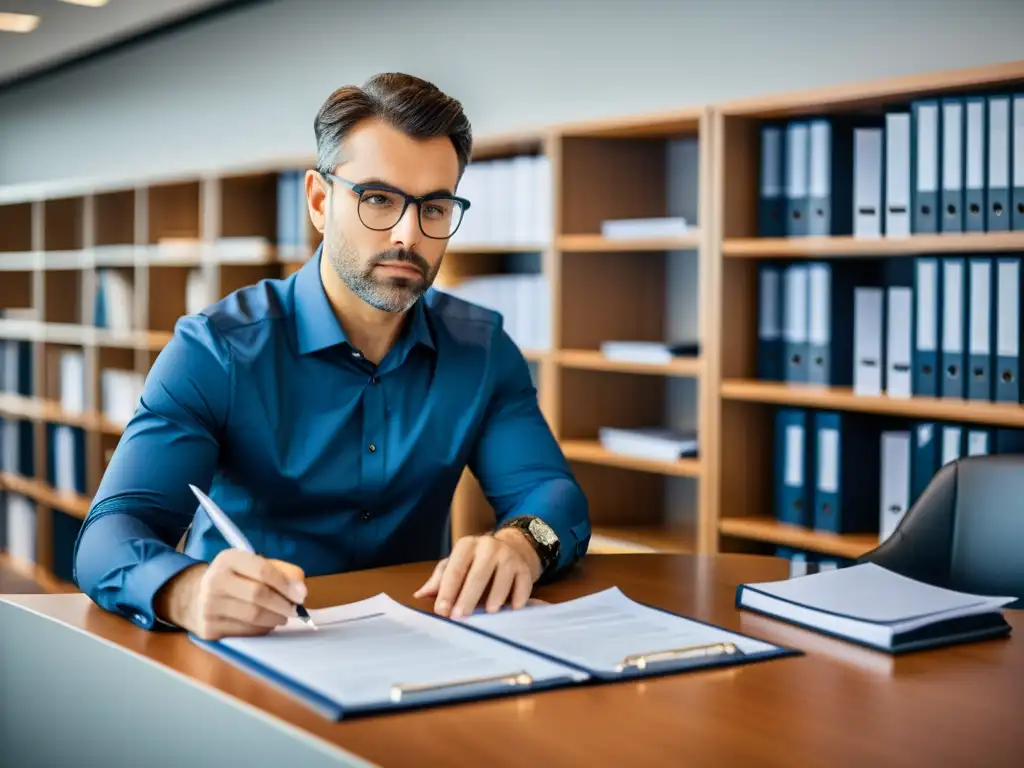 Contador profesional revisando documentos financieros con seriedad Un contador profesional revisa documentos financieros con expresión seria en una oficina bien iluminada y moderna