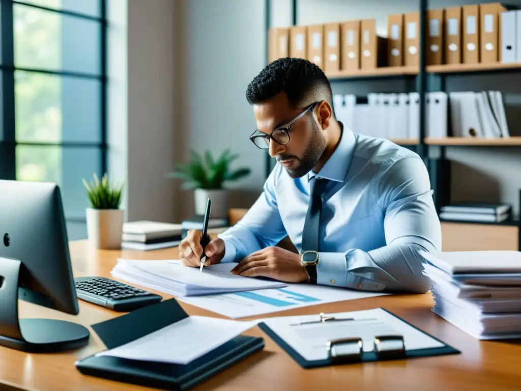 Contador profesional organizando documentos financieros con precisión Un contador profesional organiza meticulosamente documentos financieros en un escritorio moderno en preparación para auditoría fiscal