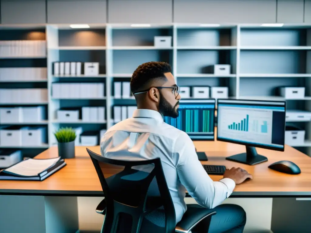Contador profesional revisando software de impuestos en 8k Un contador profesional revisa documentos financieros en un escritorio moderno con software especializado