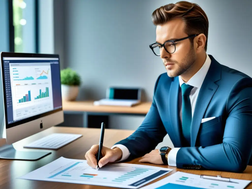 Contador revisando software tributario avanzado Un contador profesional revisa documentos financieros en su moderna oficina, usando software de gestión tributaria