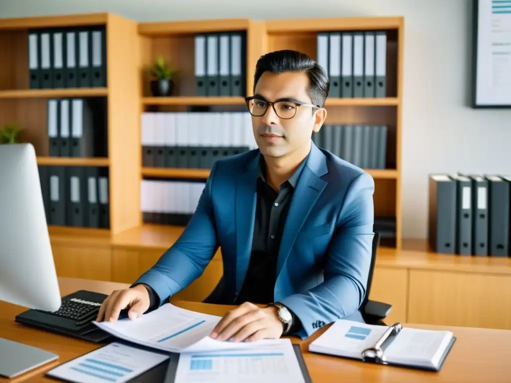 Contador profesional revisando documentos financieros en Colombia Un contador profesional revisa documentos financieros en una oficina moderna en Colombia, transmitiendo profesionalismo y atención al detalle