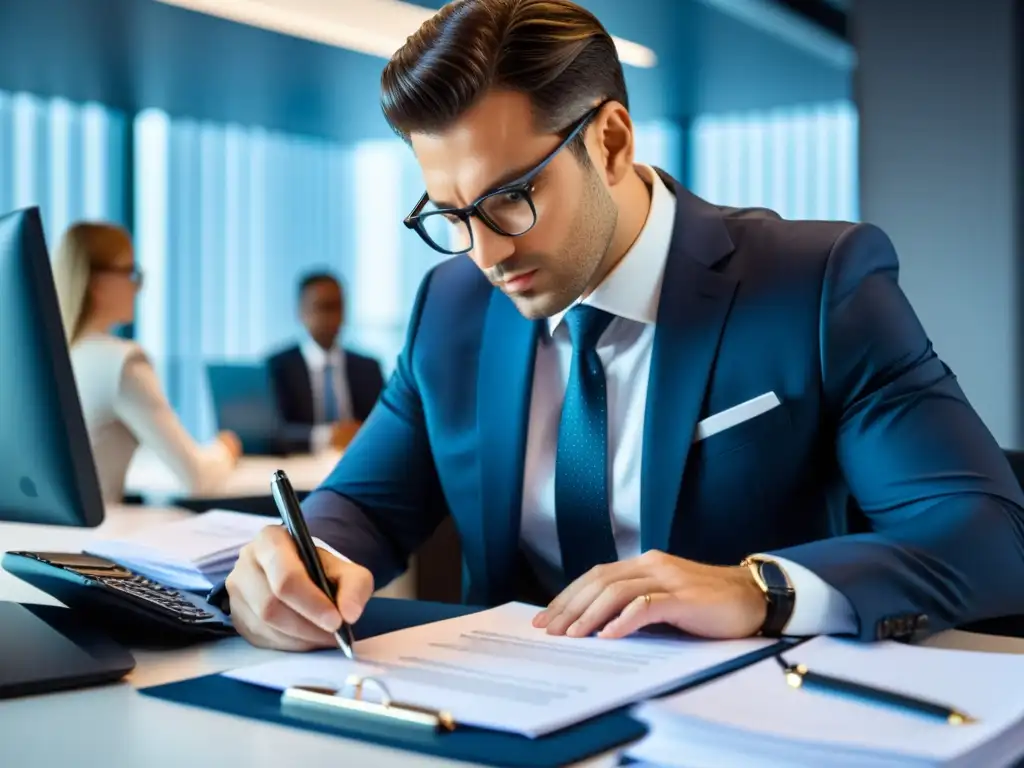 Experto contable inmerso en papeleo con estilo moderno Un contador profesional enfocado en la actualización fiscal últimas reformas, rodeado de un entorno moderno y eficiente en su oficina