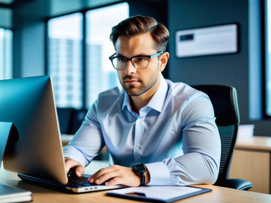 Contador profesional usando software de impuestos Un contador profesional enfocado y seguro utiliza software especializado para prevenir errores comunes en la declaración de impuestos, en una oficina moderna y tecnológica