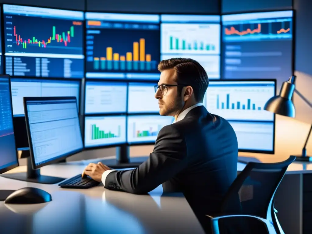 Contador profesional inmerso en análisis financiero Un contador profesional inmerso en análisis de datos, rodeado de tecnología y reportes financieros, con una vista panorámica de la ciudad al atardecer