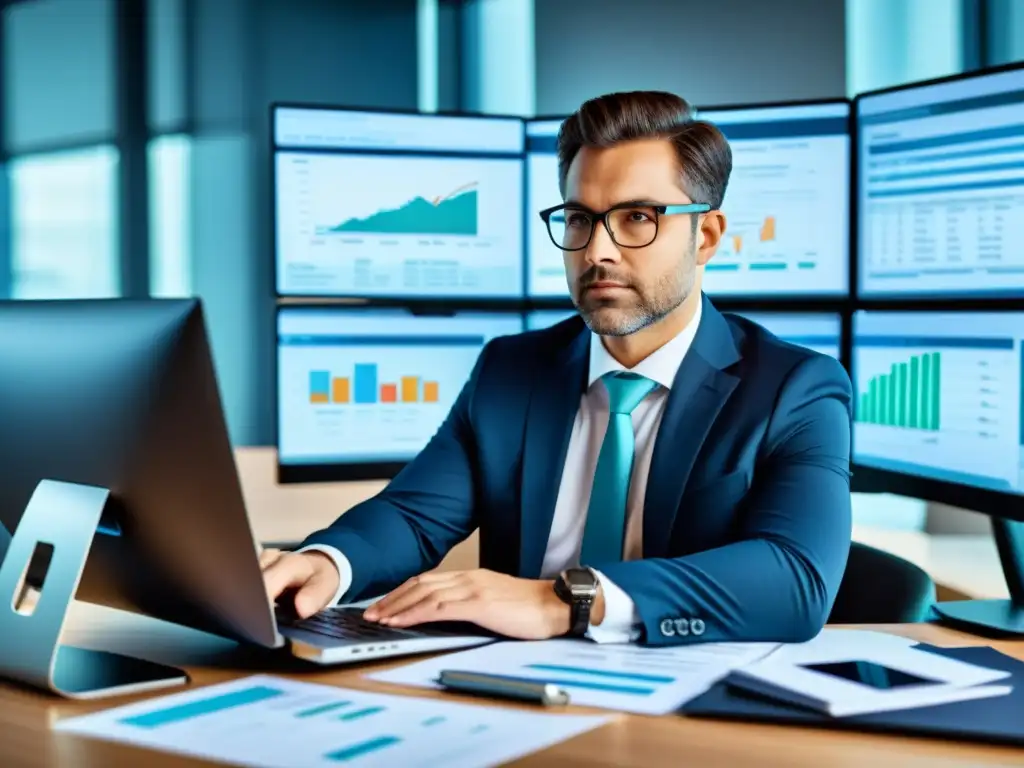 Contador moderno gestionando documentos fiscales con precisión Un contador profesional utiliza software avanzado para gestionar impuestos