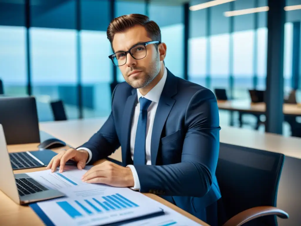 Experto contador de impuestos en acción: análisis profesional Un contador tributario experto en un moderno despacho, vital para emprendedores