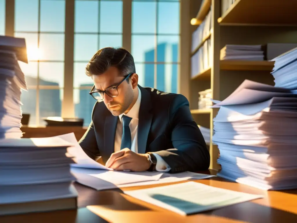 Contador meticuloso revisando documentos fiscales con determinación Un contador tributario meticuloso revisa documentos financieros bajo la cálida luz del sol