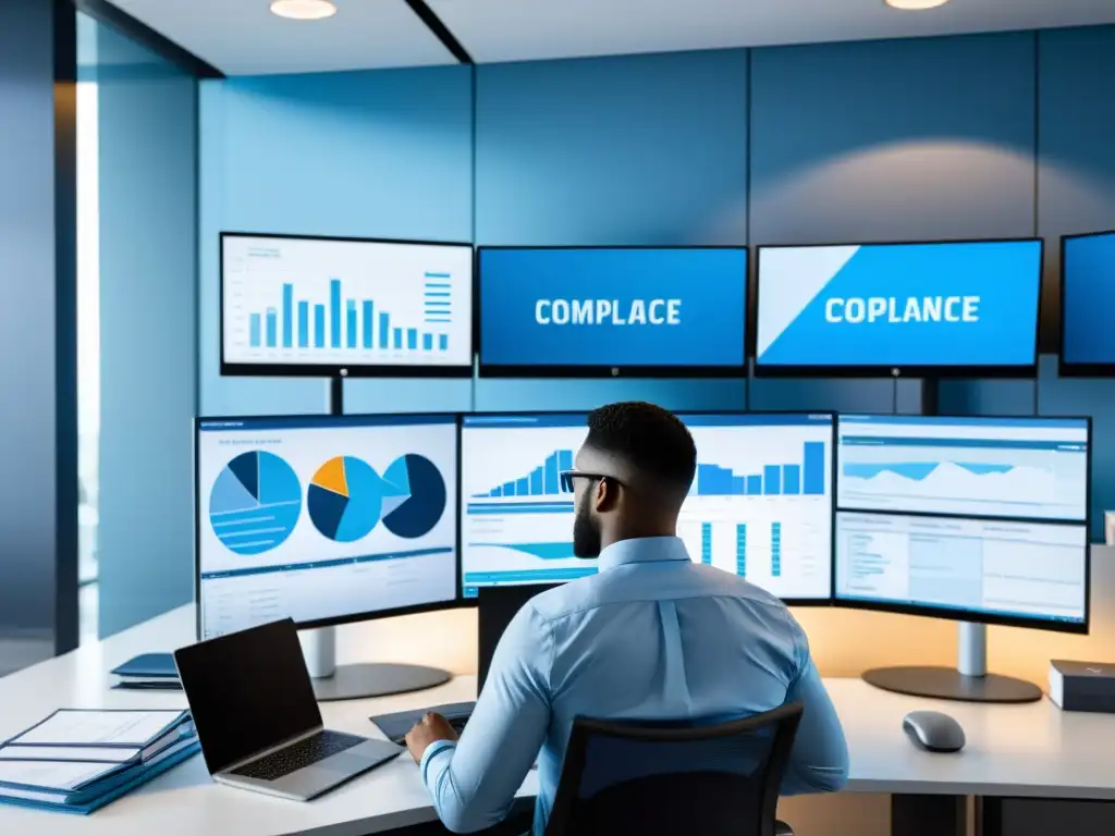 Oficina moderna con software de impuestos en pantalla 8k Dos contadores profesionales analizan software de actualizaciones fiscales y legislación tributaria en una oficina moderna bañada por luz natural