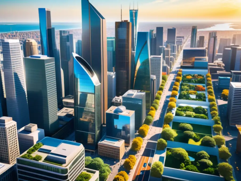 Resurgimiento económico: Ciudad vibrante y optimista postCOVID Derecho tributario recuperación económica postCOVID: Una ciudad vibrante llena de rascacielos y actividad económica, reflejando optimismo y vitalidad
