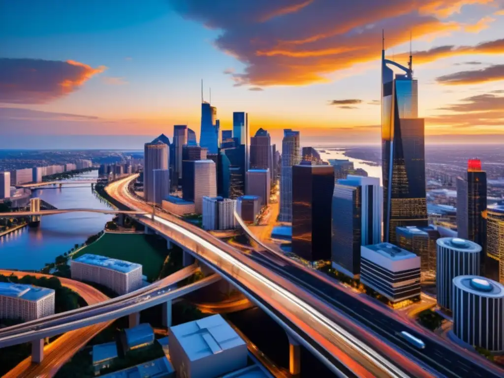 Centro urbano dinámico y vibrante al atardecer Derecho tributario en la recuperación económica postCOVID: vibrante ciudad con rascacielos reflejando la cálida luz del atardecer y bulliciosas carreteras