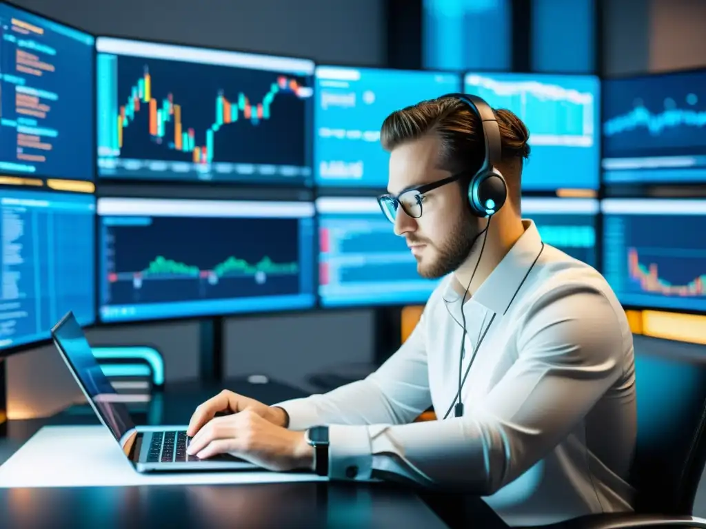 Desarrollador de apps inmerso en la codificación Desarrollador de apps inmerso en la codificación, rodeado de tecnología de vanguardia y gráficos fiscales