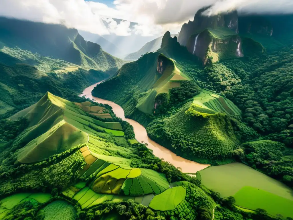 Espléndida vista aérea de la exuberante belleza natural de Colombia Deslumbrante paisaje colombiano con montañas verdes, ríos sinuosos y exuberante vegetación tropical en una cautivadora danza de luz y sombra