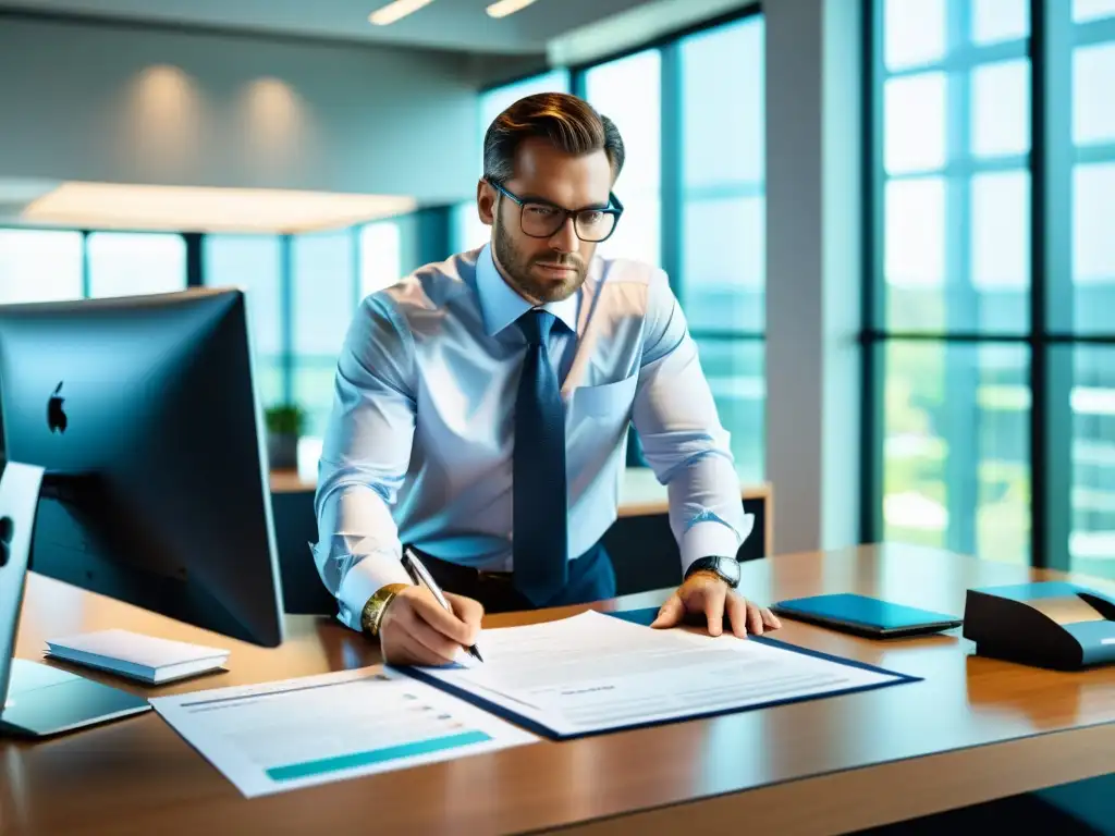 Oficina moderna: experto en finanzas y software de impuestos Un despacho moderno y ordenado con documentos financieros, un contador profesional revisando papeleo y software de preparación fiscal