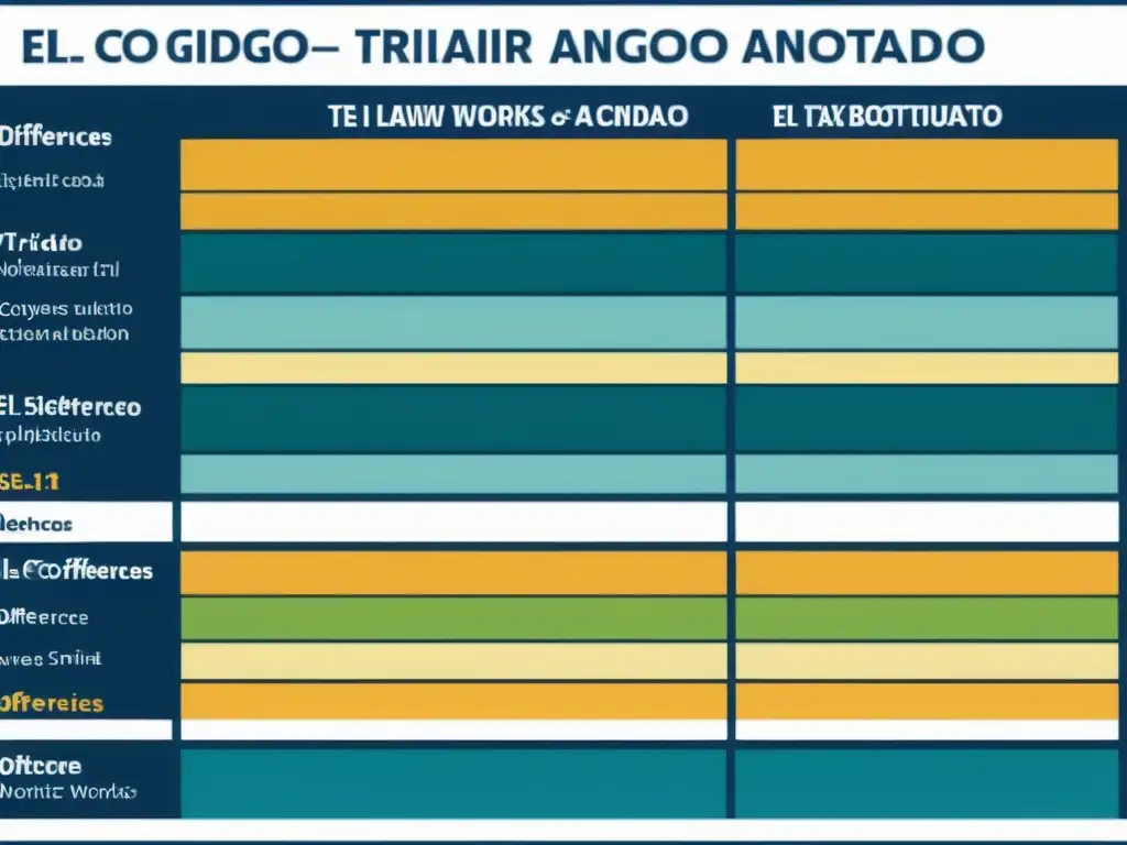 Comparación detallada: El Código Tributario Anotado vs Comparación detallada entre El Código Tributario Anotado y otras obras destacadas de derecho tributario, con secciones codificadas por colores y anotaciones resaltando puntos específicos de divergencia y similitud