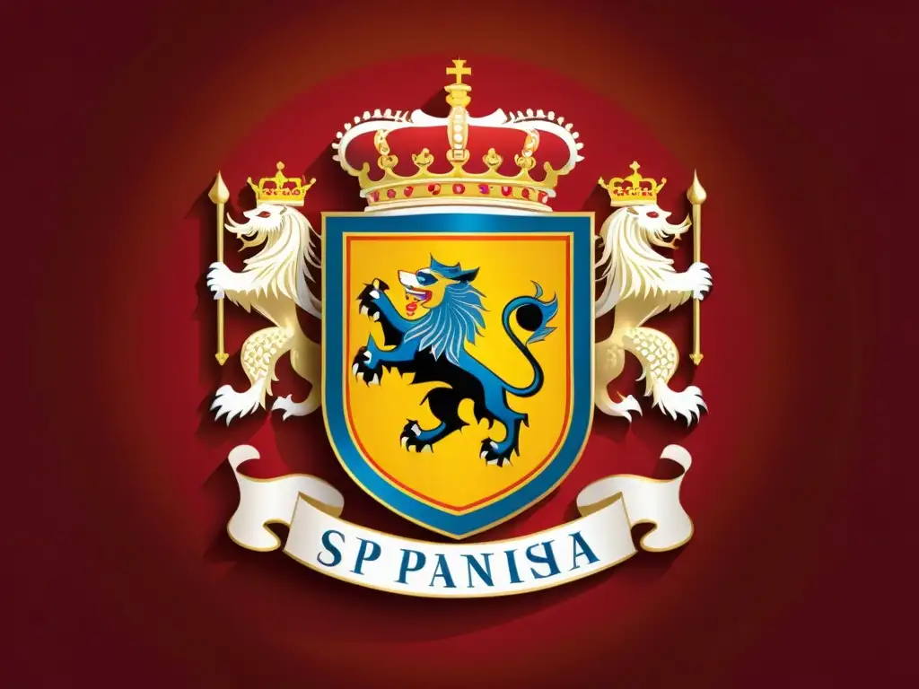 Escudo de armas de España: Detalle moderno y majestuoso Detallada ilustración del escudo de armas de España en rojo y dorado, con seis castillos y un león rampante