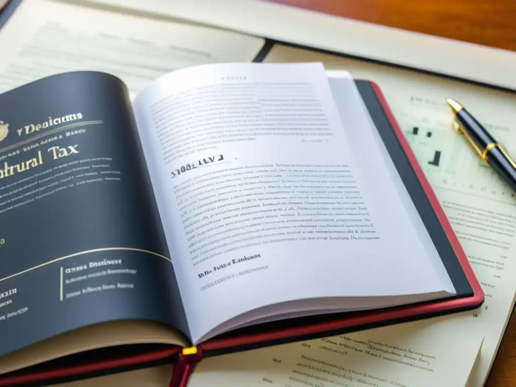 Libro de derecho tributario: detallado y visualmente impactante Detallada imagen de un libro de derecho tributario con secciones resaltadas y notas manuscritas en los márgenes