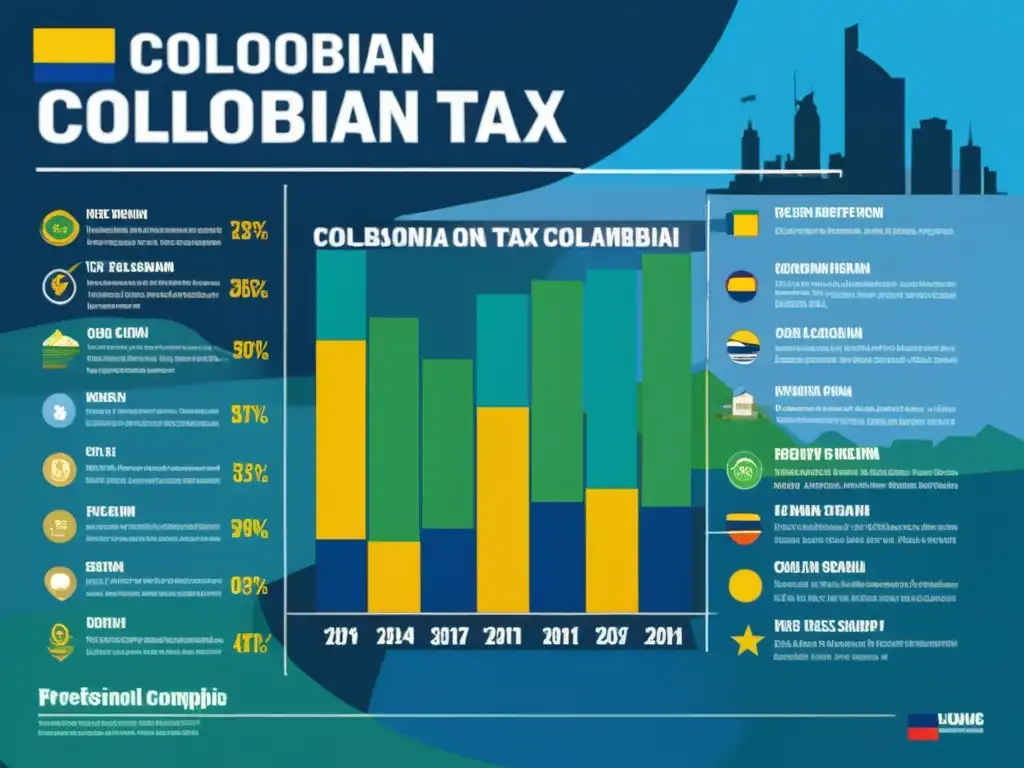 Reforma tributaria en Colombia: impacto económico Infografía detallada de la reciente reforma tributaria colombiana, con gráficos e impacto económico, sobre fondo de ciudad colombiana en movimiento