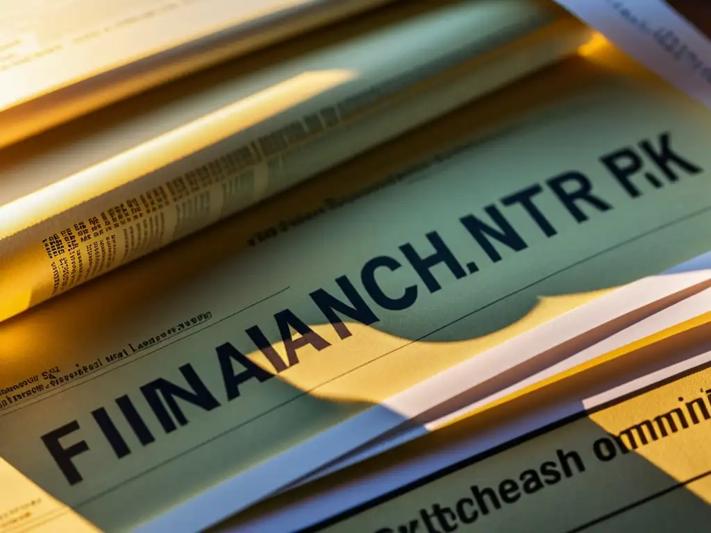 Intrincada red de documentos financieros iluminados Detallada red de documentos financieros iluminados, evocando la complejidad de los límites legales en la evasión y elusión fiscal