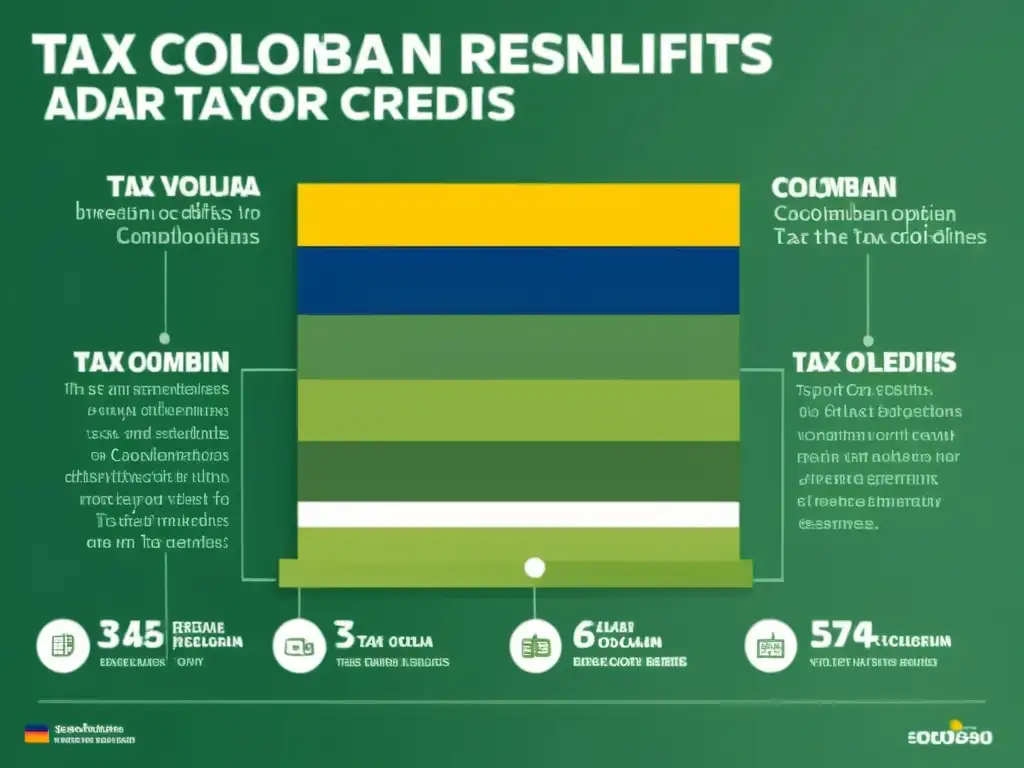 Guía visual de impuestos en Colombia: beneficios y responsabilidades Infografía detallada del sistema tributario colombiano para principiantes, con gráficos visuales y colores vibrantes