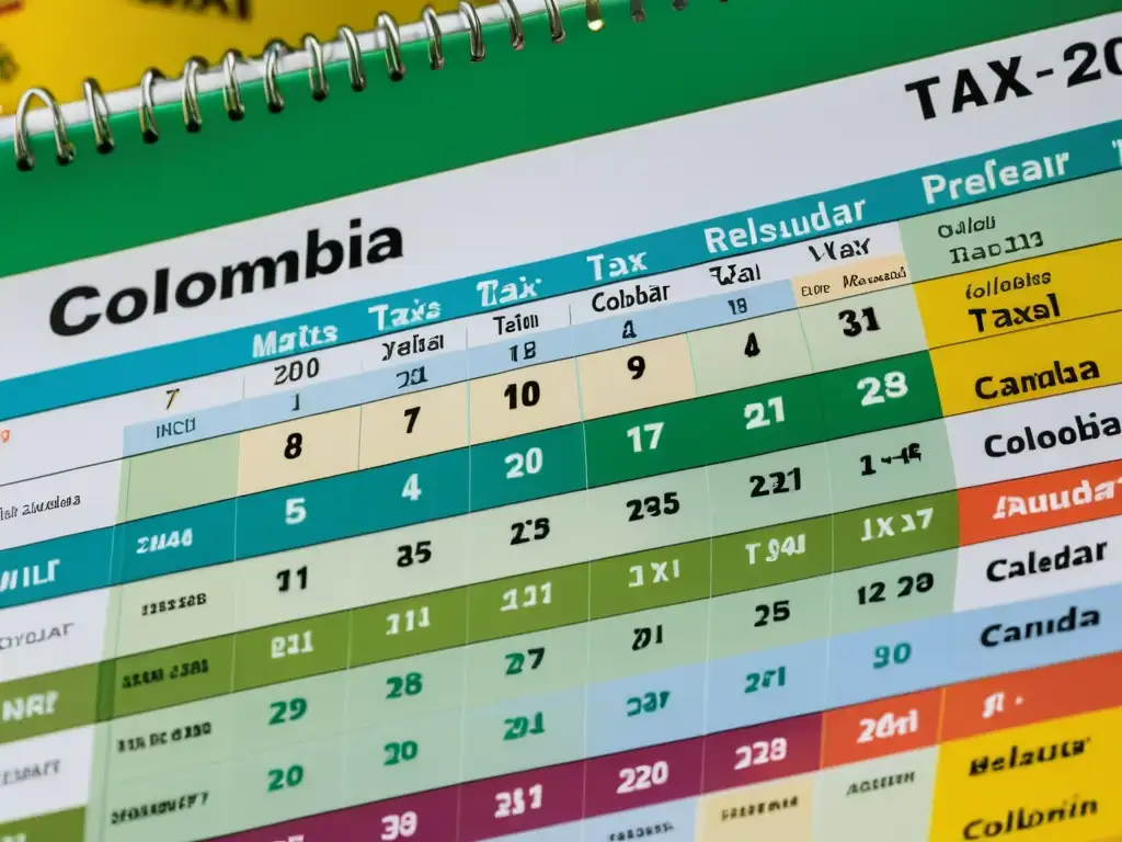 Calendario tributario detallado para Colombia Detallado calendario tributario de Colombia con fechas clave, colores vibrantes y gráficos representativos, transmitiendo organización y preparación