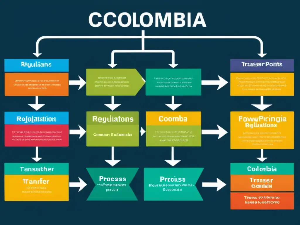 Flujo detallado: Regulaciones de precios de transferencia en Colombia Detallado flujo gráfico de normativas de precios de transferencia en Colombia, con colores vibrantes y símbolos representativos