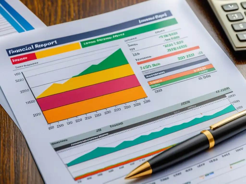 Detallado informe financiero con gráficos coloridos Detallado informe financiero con gráficos coloridos y datos claros sobre un escritorio de madera