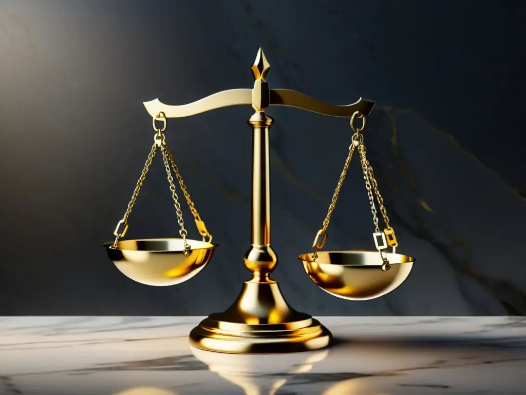 Balanza de justicia: detalle en 8k con diseño moderno y dorado Detalle en 8k de las balanzas de la justicia con grabados dorados y diseño moderno