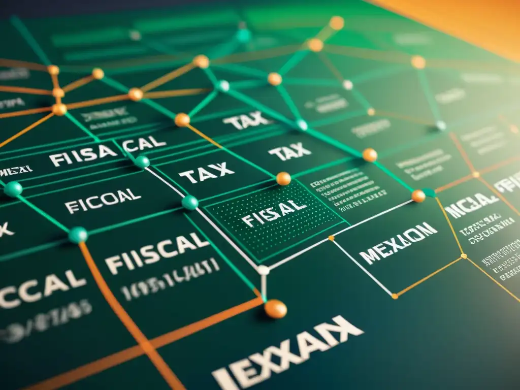 Red fiscal mexicana: complejidad financiera en detalle Detalle complejo de símbolos e gráficos fiscales conectados, reflejando proporcionalidad fiscal en la ley mexicana