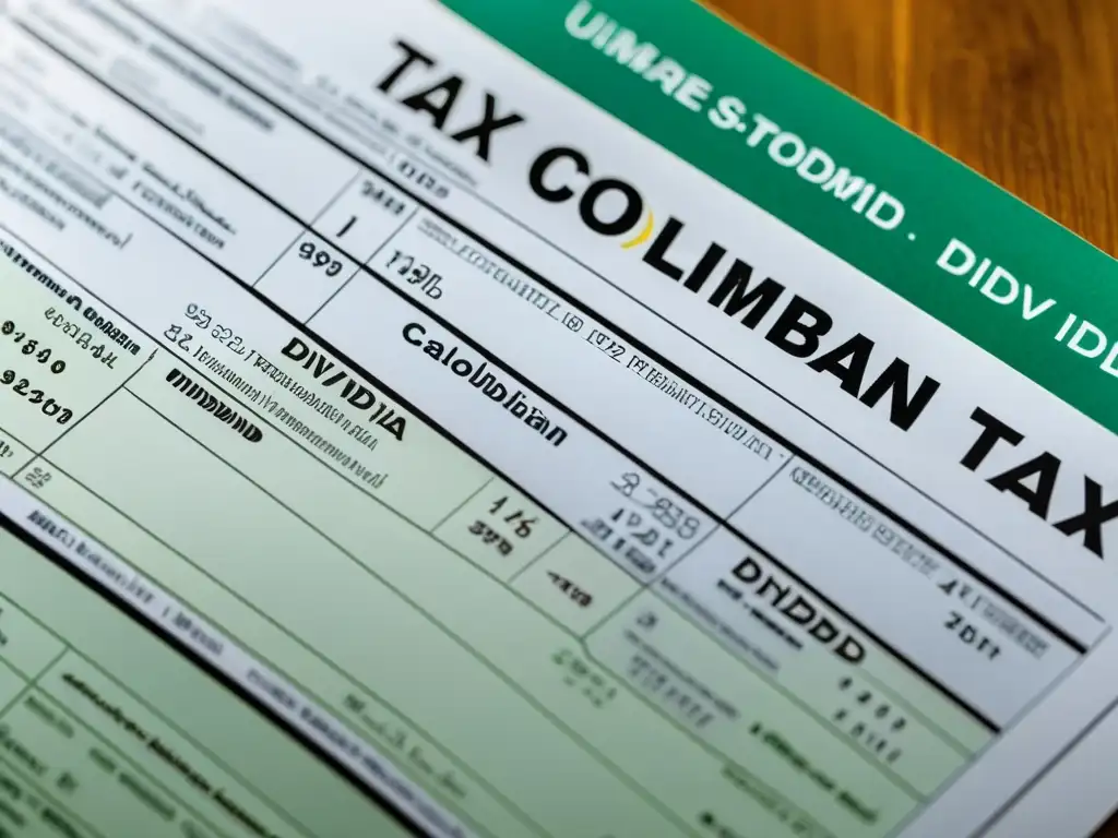 Formulario tributario colombiano detallado Detalle de formulario colombiano de impuestos con enfoque en tratamiento fiscal dividendos Colombia, rodeado de documentos financieros