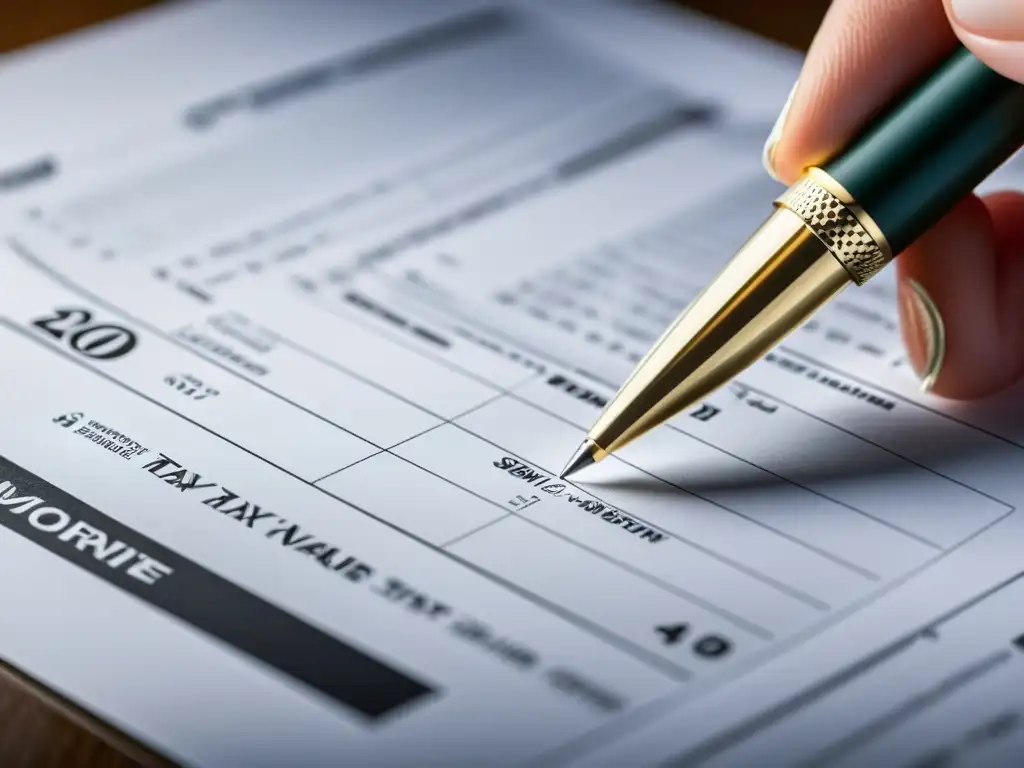 Detalle elegante: Formulario fiscal corporativo y pluma moderna Detalle de un formulario tributario corporativo siendo completado con elegancia con un bolígrafo moderno, en un ambiente profesional y sofisticado