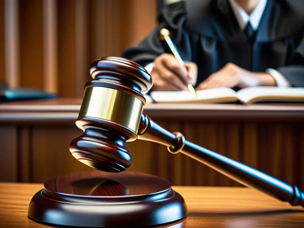 Detalle impactante: mazo de juez en acción Detalle impresionante de un martillo de juez golpeando el escritorio, enfatizando la autoridad y el principio de legalidad en impuestos
