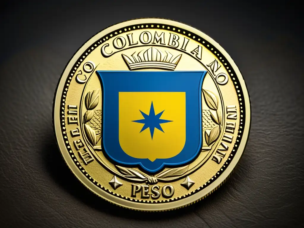 Detalles en relieve de la moneda colombiana de peso Detalle impresionante de una moneda colombiana de peso, resaltando el emblema nacional y el texto