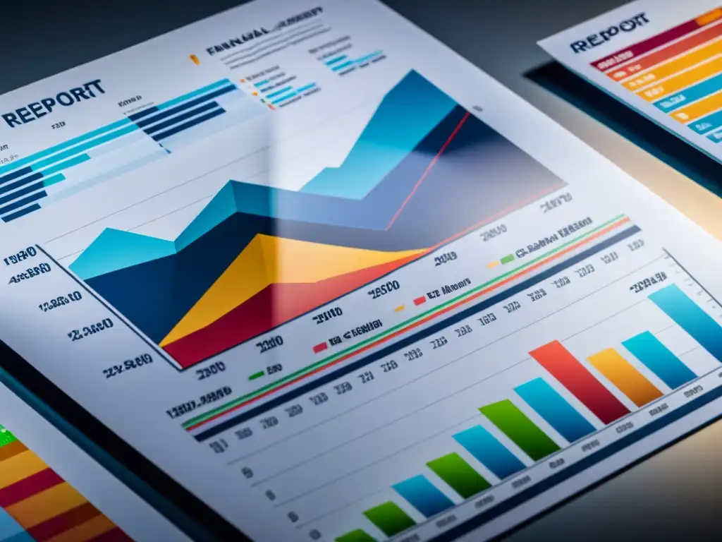 Informe financiero ultradetallado con diseño vibrante Detalle de informe financiero con gráficos y tablas, colores modernos y diseño minimalista