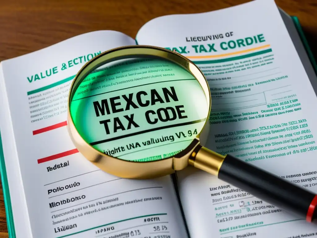 Detalles vibrantes del Código Fiscal Mexicano sobre IVA Detalle de libro del código fiscal mexicano abierto en la sección de IVA, resaltando con lupa la legislación específica