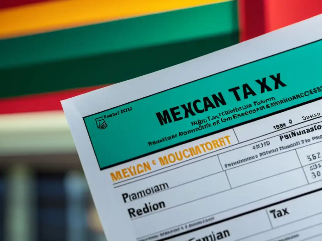 Formulario de impuestos mexicano: precisión y sofisticación Detalle meticuloso del Impuesto Sobre la Renta en México, en un entorno de oficina moderna con vista panorámica a la ciudad