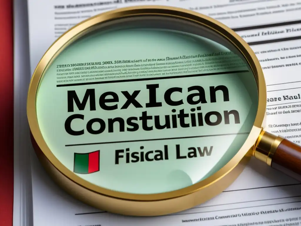 Constitución Mexicana: Ley Fiscal en Detalle Detalle de la Constitución Mexicana abierta en la sección de derecho fiscal, resaltando con lupa los fundamentos del derecho fiscal mexicano